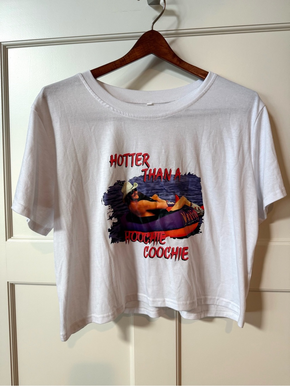 Women’s White Graphic Crop Tee - "Hotter Than A Hoochie Coochie"